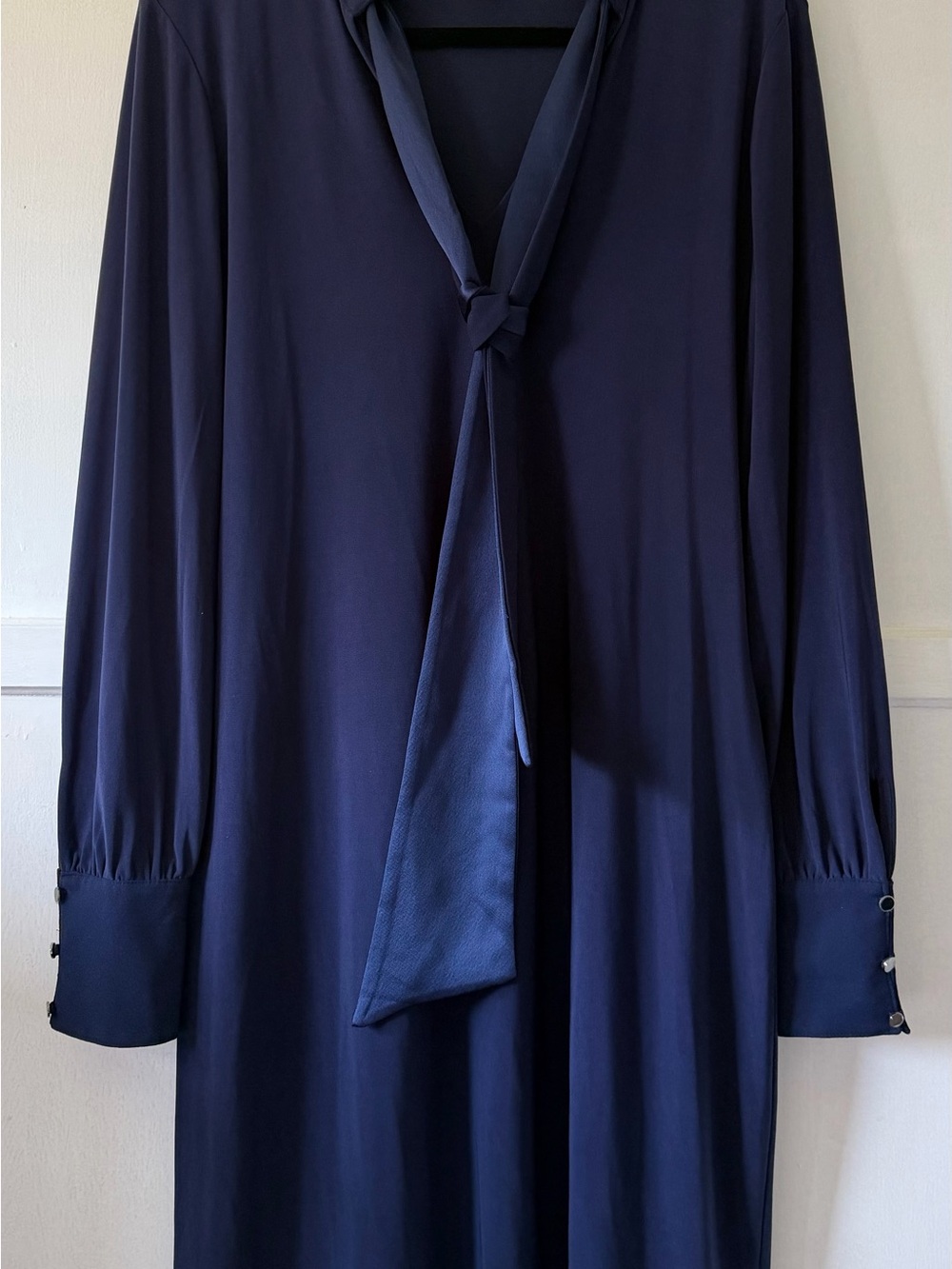 White House Black Market | Navy Long-Sleeve Tie-Neck Dress (slightly above knee)